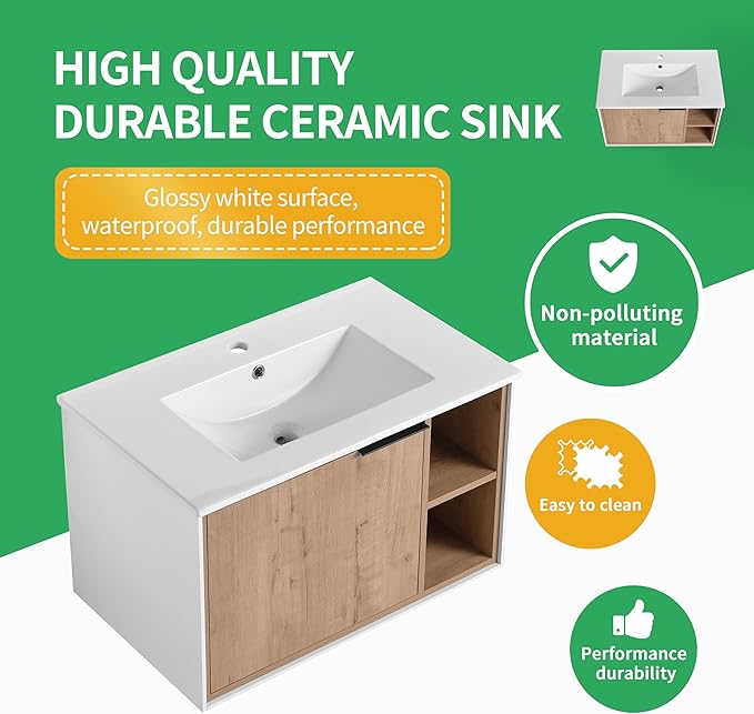 30 Inch Bathroom Vanity with White Sink Combo, Wall-Mounted Bathroom Vanity for Small Space, Bathroom Cabinet with 1 Door&Side Shelf