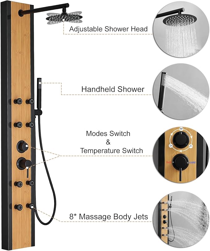 Rainfall Shower Panel Shower Tower System Bamboo Wood and Stainless Steel with 8 Body Jets Massage and Adjustable Round Shower Head Handheld Wand Shower Column Wall Mount