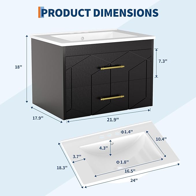 Garvee 24" Bathroom Vanity with Sink, Floating Bathroom Vanity with Ceramic Basin, 2 Large Storage Drawers with Gold Metal Handle, Modern Wall Mounted Bathroom Cabinet with Sink, Black