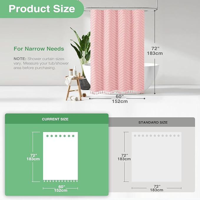Dynamene Stall Fabric Shower Curtain, 60x72 inch Narrow Boho Tufted Chevron Striped Cloth Bathroom Shower Curtain, Weighted Neutral Waterproof Shower Curtain Set with 10 Hooks, Wrinkle Free, Pink