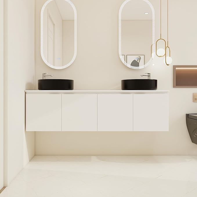 60 Inch Bathroom Vanity with Sink, 60" Floating Bathroom Vanity with Double Vessel Sinks, Modern Wall Mounted Cabinet Set, White Cabinet with 4 Doors and 2 Black Ceramic Basin Sinks, Large Countertop