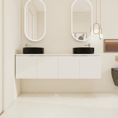 60 Inch Bathroom Vanity with Sink, 60" Floating Bathroom Vanity with Double Vessel Sinks, Modern Wall Mounted Cabinet Set, White Cabinet with 4 Doors and 2 Black Ceramic Basin Sinks, Large Countertop