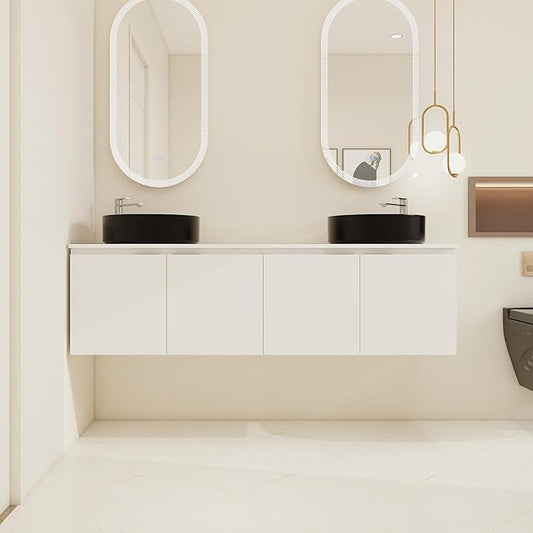 60 Inch Bathroom Vanity with Sink, 60" Floating Bathroom Vanity with Double Vessel Sinks, Modern Wall Mounted Cabinet Set, White Cabinet with 4 Doors and 2 Black Ceramic Basin Sinks, Large Countertop