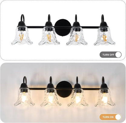 Bathroom Light Fixtures over Mirror, 4 Lights Vintage Wall Sconces with Hammered Glass Shade, 26.8" Matte Black Farmhouse Bathroom Wall Light Fixtures for Bedroom, Porch, Hotel, Mirror Cabinet