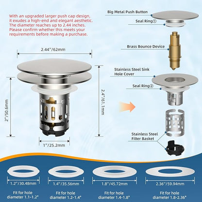 Hibbent 2 Pack Upgraded 3 in 1 Bathroom Sink Drain Strainer, Pop Up Sink Stopper with Big Cap, Anti-Clogging Metal Filter Basket,Sink Plug with Hair Catcher for 1.1''~2.36'' Basin, Brushed Nickel