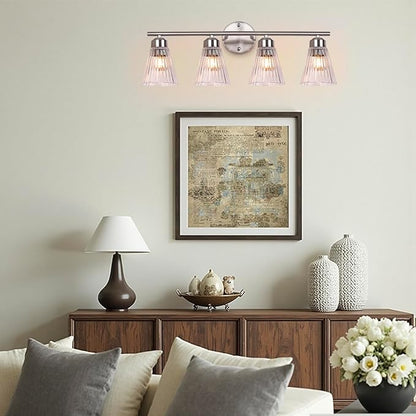 4-Light Bathroom Vanity Light, Brushed Nickel Bathroom Light Fixtures Over Mirror with Stripe Glass, Modern Wall Lamp, Wall Sconces Lighting for Living Room Bedroom Kitchen Hallway