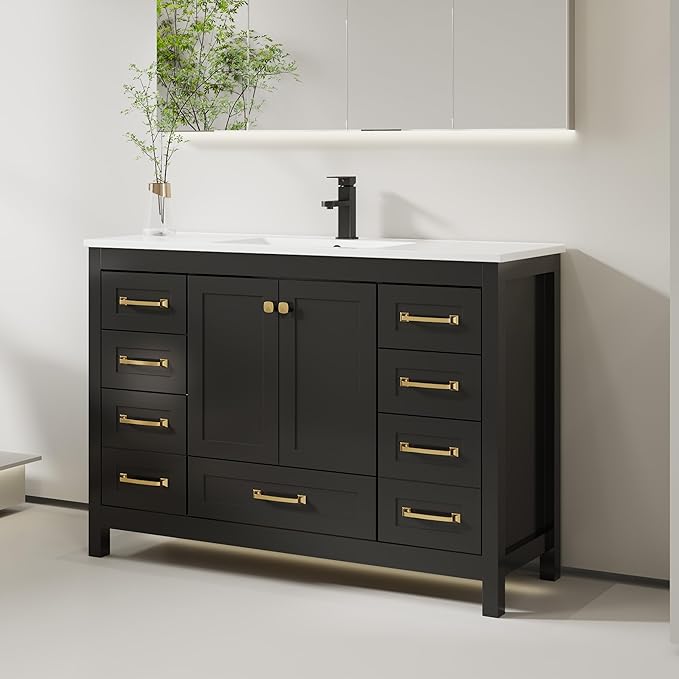 eclife 48" Bathroom Vanities with Sink Combo, Modern Thickened Wood Bathroom Storage Cabinet w/Undermount Single Sink, Matte Black Faucet Drain, Painted Surface, Black