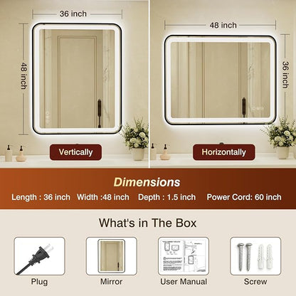 36x48 Inch LED Bathroom Mirror with Black Frame,Front and Backlit Vanity Mirror, Stepless Dimmable Wall Mirrors with Anti-Fog, 3 Colors, Memory, Waterproof, LED Smart Bathroom Mirror