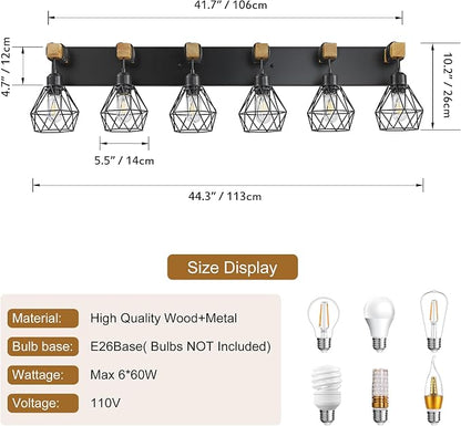 VbiTmn Bathroom Light Fixtures,6 Light Black Farmhouse Wood Vanity Lights | Rustic Design, Diamond Metal Shades, Easy to Install, Wall Sconces for Bathroom, Bedroom, Makeup Area, Over Vanity Mirror