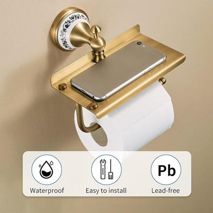 Toilet Paper Holder with Phone Shelf, Bathroom Toilet Paper Roll Holder Antique Bronze Brass Wall Mounted Bathroom Hardware Accessories,Porcelain Design