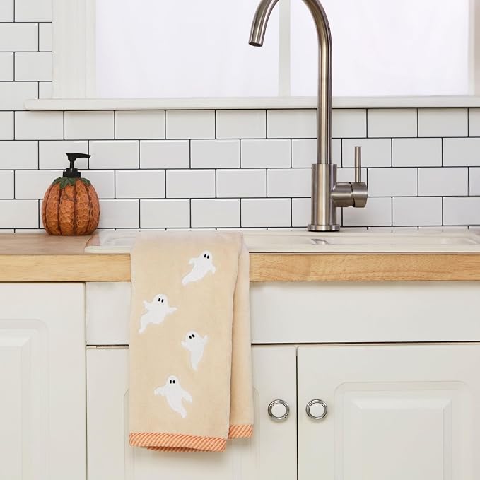 SKL Home Halloween Tossed Ghosts Hand Towel Set-2pc, 100% Cotton, Taupe | Soft, embroidered velour. Great for the bathroom, kitchen or bar & gifting.