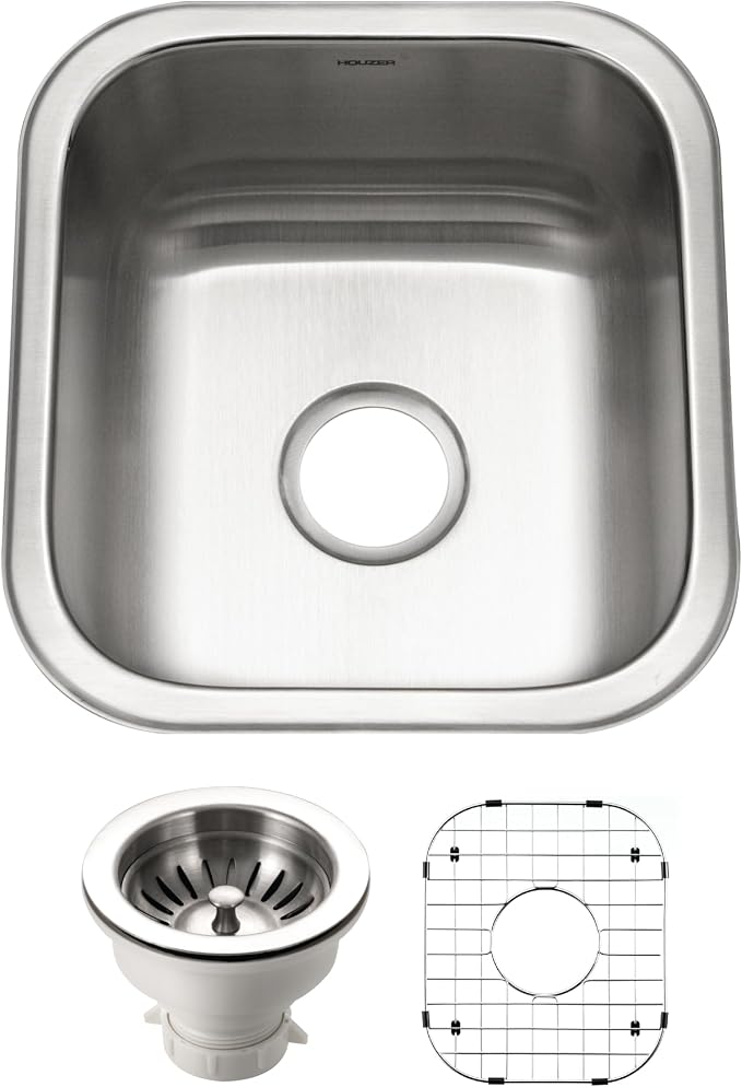 Houzer Club Stainless Steel Kitchen Sink for Bar & Prep: 17 Inch Undermount Single Bowl Sink with Strainer & Bottom Grid, Durable & Versatile, Essential for Home & Apartment: MS-1708-C