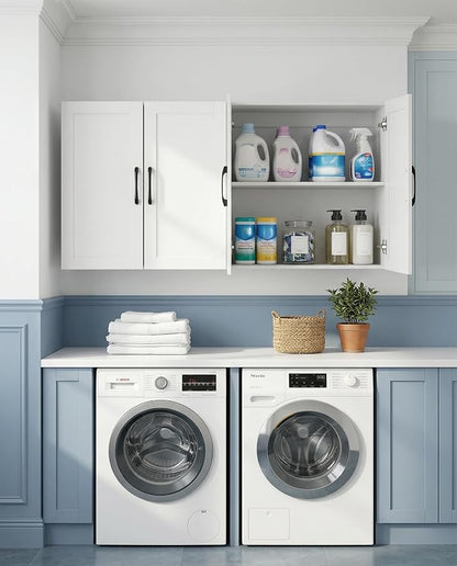 Wall Cabinet with Adjustable Shelves, Laundry Room Cabinet with 4 Doors, Kitchen Storage Cupboard Cabinet, Wall Mount Medicine Cabinet for Bathroom, Living Room, White