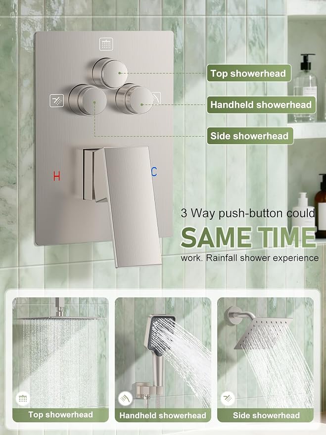 Woindo Shower Faucet Set, 10" Ceiling Mount Rainfall Shower System with 2 Rain Shower Head and Multi-function Handheld Head Push Button Diverter Shower Faucet Trim Kit