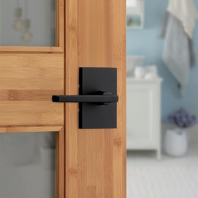 Kwikset Halifax Interior Privacy Door Handle with Lock, Door Lever For Bathroom and Bedroom, Matte Black Reversible Keyless Push Button Lock Door Lever, with Microban Protection