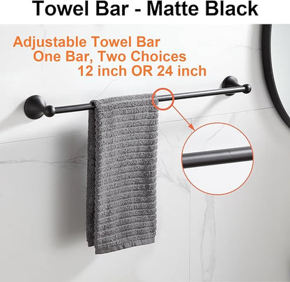 BGL Bathroom Accessory Set, Matte Black Adjustable Expandable Towel Bar 4-Piece Bathroom Hardware Set Wall Mounted Robe Hook Toilet Paper Holder Towel Ring Towel Bar