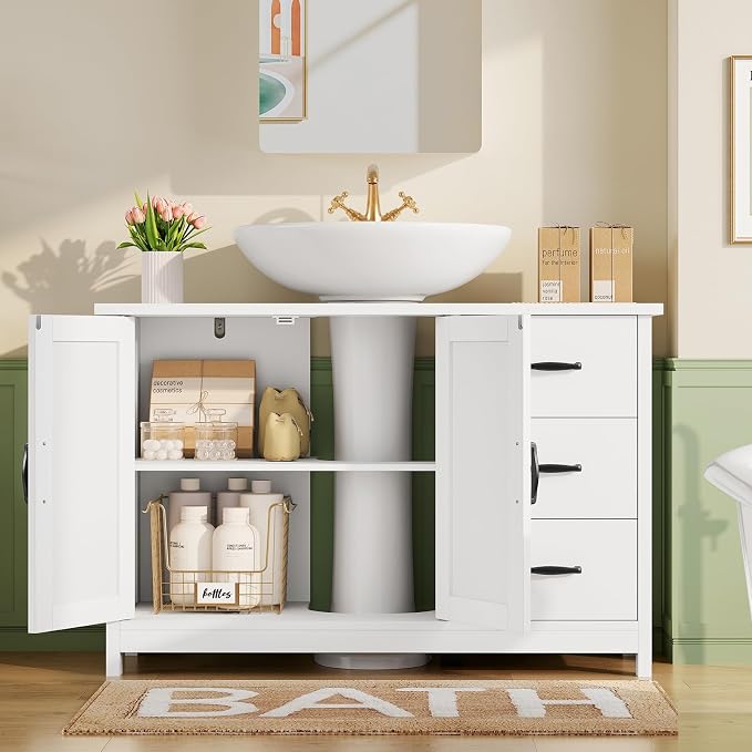 TEENFON Pedestal Sink Storage Cabinet with 2 Doors & 3 Drawers, Bathroom Sink Cabinet, Under Sink Cabinet with U-Shape Cut-Out, White