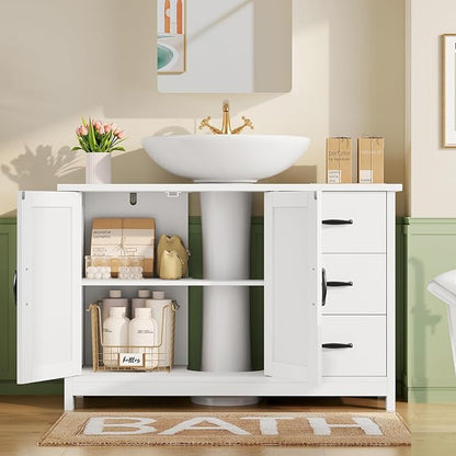 TEENFON Pedestal Sink Storage Cabinet with 2 Doors & 3 Drawers, Bathroom Sink Cabinet, Under Sink Cabinet with U-Shape Cut-Out, White
