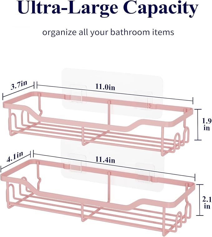 Kitsure Shower Caddy, Adhesive Shower Organizer, Large, Pink | Stainless Steel Shelf for Inside Shower, No Drill Bathroom Organizers and Storage, Home Decor Accessories