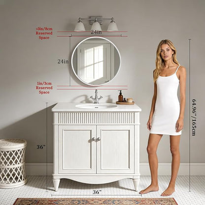 Round Wood Mirror 24 inch Circle Wall Mirror for Bathroom Round Wall Mirror for Wall Decor, Vanity, Entryway Living Room (White)