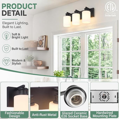 Bathroom Vanity Light, Modern 3 Light Bathroom Light Fixture Over Mirror | Light Fixture Over Sink with White Glass Shade, Black Vanity Lights for Bathroom, E26 Base, 16.5 inch (Bulbs Not Included)
