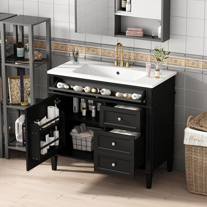 Merax 36'' Bathroom Vanity Without Top Sink, Solid Rubberwood Frame Cabinet | Modern Bathroom Vanity Storage Cabinet with 2 Drawers, Tip-out Drawer, Adjustable Shelf, Soft Closing Doors, Black