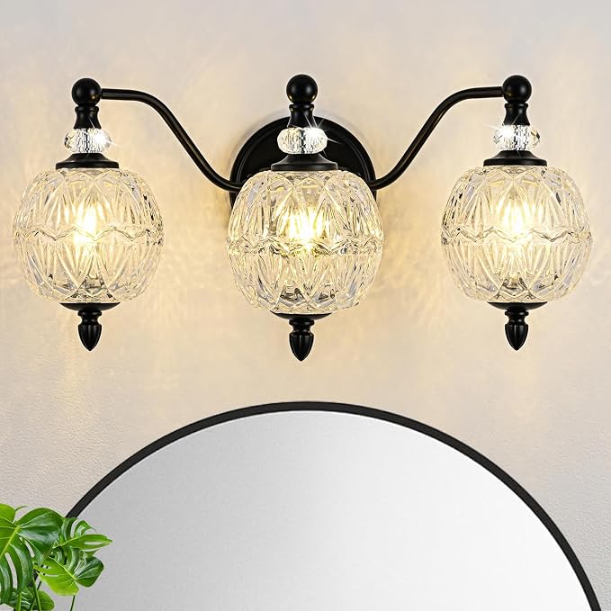 Matte Black Bathroom Vanity Light, 3-Light Mid Century Farmhouse Wall Sconce with Globe Glass Shades, Retro Mirror Light for Bathroom, Powder Room