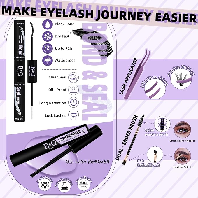 B&Qaugen Eyelash Extension Kit with Bottom Lash Extension 10-18mm 50D D Curl Lash Clusters Kit with Bottom Lashes DIY Lash Extension Kit Bond and Seal Lash Applicator (Kit-50D-D-MIX10-18)