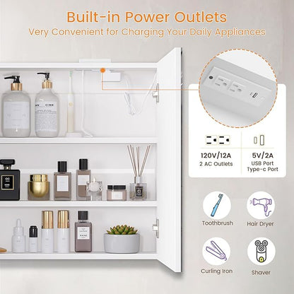 Snughome Bathroom Medicine Cabinet with Mirror & LED Lights, Wall Mount Bathroom Mirror with Storage, Built-in Power Outlets, Dimmable 3 Color Temp, Anti Rust Easy to Install, 31.5" x 23.6"
