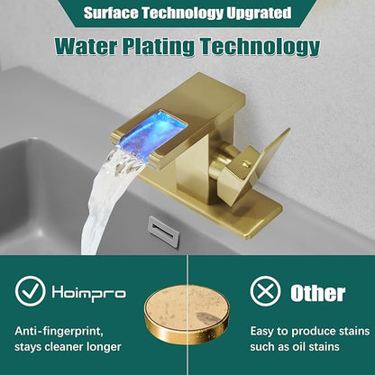 Hoimpro LED Waterfall Bathroom Faucet Brushed Gold, Single Handle Bathroom Sink Faucet 1 Hole, 3 Colors Light Changing, with Pop-up Drain and cUPC Supply Lines, Stainless Steel