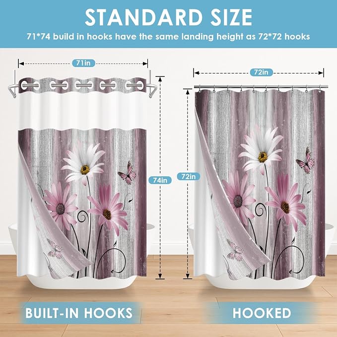 No Hook Shower Curtain with Snap in Liner 71x74 Inch Pink Daisy | Farmhouse Flower Rustic Modern Double Layers Waterproof Fabric with See Through Top Window Open Grommet Bath Curtain