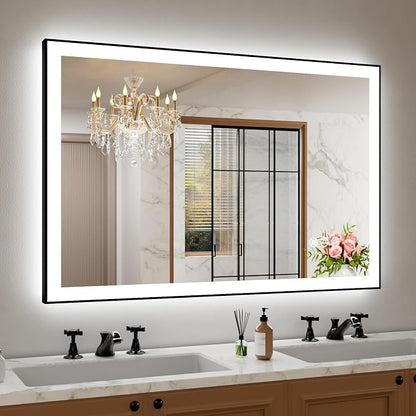 48"x32" LED Bathroom Mirror, Frontlit&Backlit, Controlled Separately | Black Metal Frame, Stepless Dimmable, Anti-Fog, HD Reflection, Shatter-Proof, 3 Colors Lighting, Memory, UL Listed