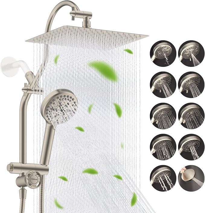 Hibbent High Pressue All Metal 12" Rainfall Shower Head, Handheld 10-Spray | cUPC Certified Brushed Nickel Dual Showerhead Combo, 4-way Diverter with Pause Mode, Brass Extension Arm, 71'' Hose & Holder