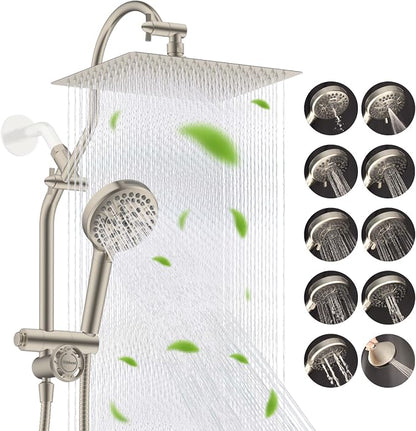 Hibbent High Pressue All Metal 12" Rainfall Shower Head, Handheld 10-Spray | cUPC Certified Brushed Nickel Dual Showerhead Combo, 4-way Diverter with Pause Mode, Brass Extension Arm, 71'' Hose & Holder