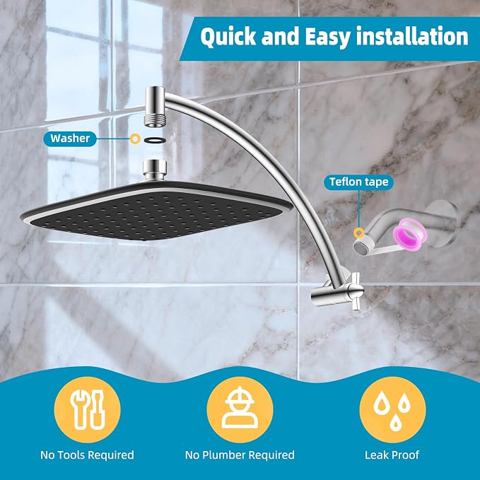 Rain Shower Head with 12" Metal Extension Arm, 10" High-Pressure Showerhead | Chrome Finished, Boosting Rainfall/Fixed Showerhead, Shower Head Extender Adjustable Height/Angle, 1-Min Easy to Install
