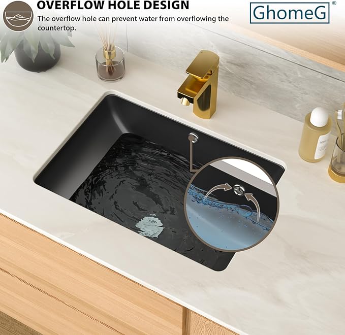 Undermount Bathroom Sink 20 x 14 inch Black Vessel Sink Rectangular Modern Ceramic Rectangle Vanity Art Basin with Overflow