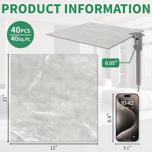 40 Pack Cover 40 Sq.Ft Peel and Stick Floor Tiles, 12” x 12” Self Adhesive Vinyl Flooring Easy DIY Installation for Kitchen, Living Room, Laundry, RV, Light Grey Marble