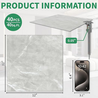 40 Pack Cover 40 Sq.Ft Peel and Stick Floor Tiles, 12” x 12” Self Adhesive Vinyl Flooring Easy DIY Installation for Kitchen, Living Room, Laundry, RV, Light Grey Marble