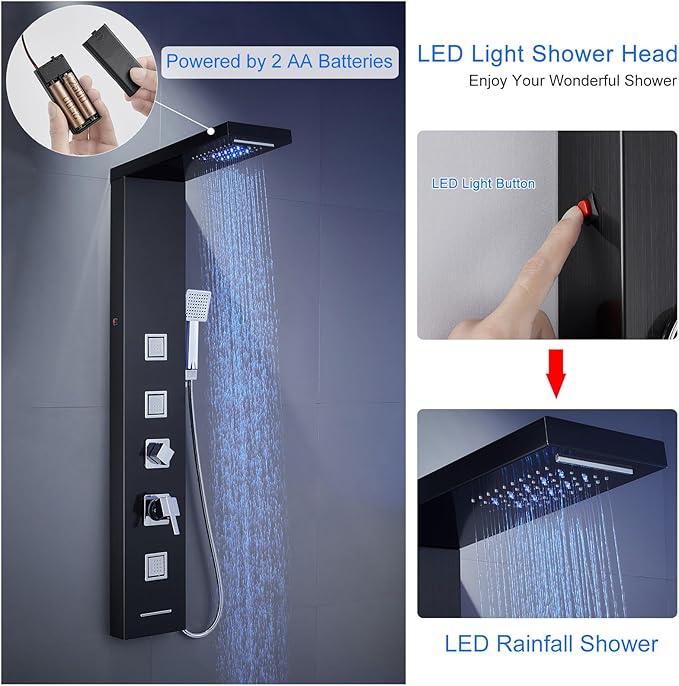 MENATT LED Shower Panel Tower System, Bathroom 5-Function Shower Panel Tower with LED Rainfall Waterfall Shower Head, Massage Jets, Tub Spout, Handheld Shower, Black