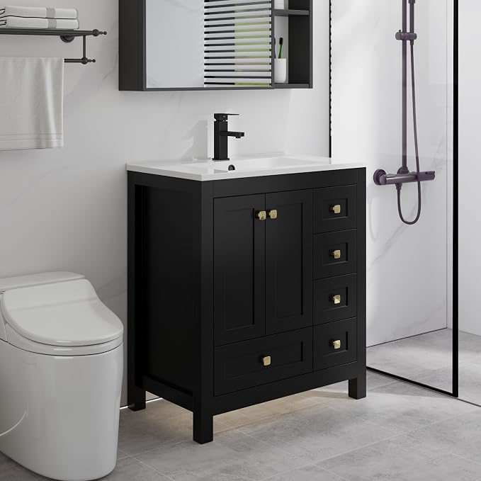 LUCKWIND 30" Bathroom Vanity and Sink Combos, Modern Bathroom Storage Painted Cabinet with Undercounter Resin Single Sink Top, Matte Black Faucet and 5 Drawers, Mirror Not Included, Black