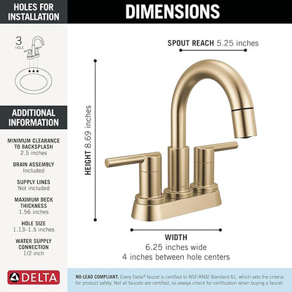 Delta Nicoli Centerset Brushed Gold Bathroom Faucet with Sprayer, 4 Inch 3 Hole Bathroom Sink Faucet with Pull Out Sprayer, Push-Pop Drain, Champagne Bronze 25749LF-CZPD