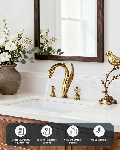 Swan Crystal Gold 3 Hole Vanity Brass 2 Handles 8 inch Cool Copper Widespread Unique Bathroom Sink Faucets, Ornate Restroom Taps Fixtures, 3 Pieces Bird Style Faucets (3 Hole, Golden)