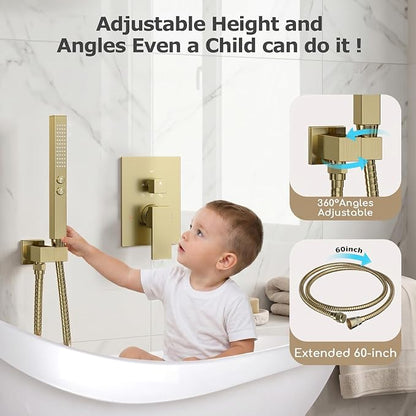 Shower System Brushed Gold Shower Faucet Set,Five Functions Knob Diverter Rainfall Shower Faucet with 2 in 1 Handheld,10'' Ceiling Mount and 6'' Wall Mount Rainfall Shower System