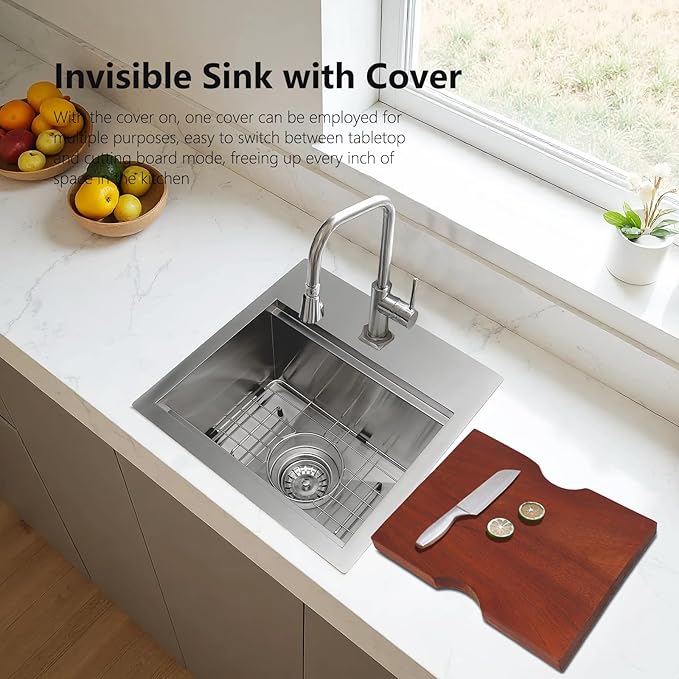 Bar Sink, 15 x 15 Inch Stainless Steel Single Bowl Topmount Small Outdoor RV Handmade Sink with Bottom Rack and Cutting Board