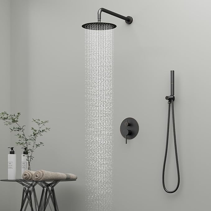 BESy Shower System with 10 Inch Round Rain Shower Head and Handheld Wall Mounted, High Pressure Rainfall Shower Faucet Fixture Combo Set with 2 in 1 Handheld Showerhead for Bathroom, Bronze
