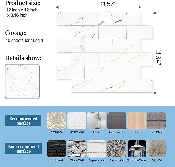 2026 New Upgrade Peel and Stick Backsplash Tile, Peel and Stick 11.34" X 11.57" Wall Tile for Kitchen, Bathroom, Fireplace, Laundry (Polished Carat Gold, 10 Packs)