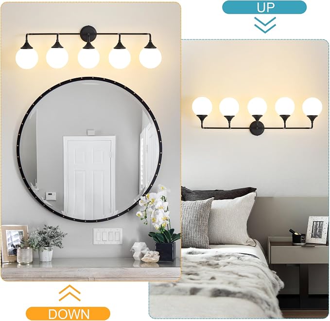 Black Bathroom Light Fixtures Over Mirror Vanity 5-Light | Mid Century Modern Matte Black Wall Sconce with Milky White Glass Ball Shades for for Bathroom Dressing Table Bedroom