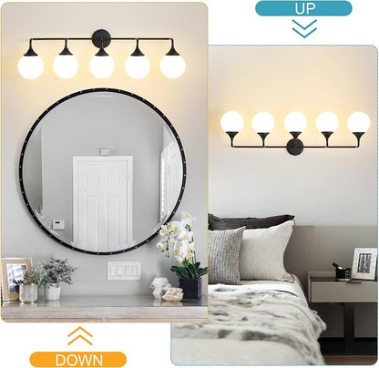 Black Bathroom Light Fixtures Over Mirror Vanity 5-Light | Mid Century Modern Matte Black Wall Sconce with Milky White Glass Ball Shades for for Bathroom Dressing Table Bedroom