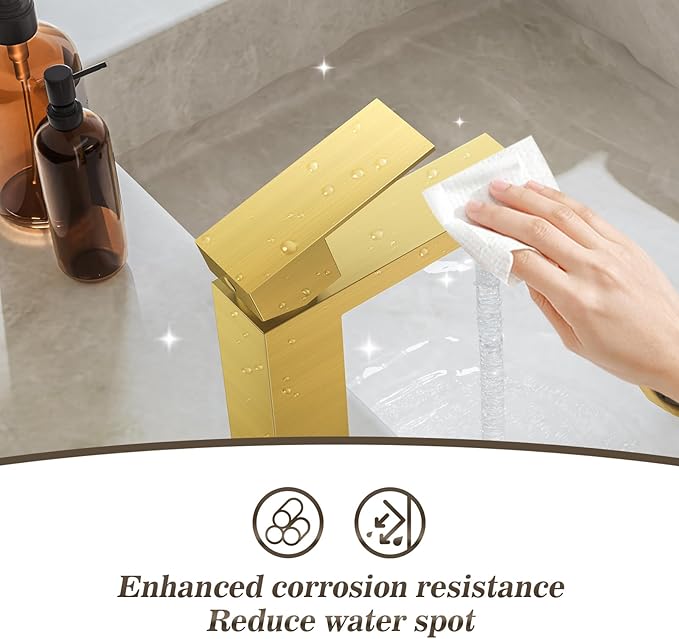 Phiestina Single Hole Brushed Gold Square Single Handle Bathroom Vanity Faucet with Metal pop up Drain with Deck Plate, Overflow & Water Supply line,BF3530-BG