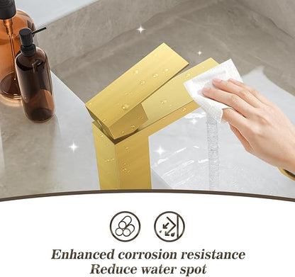 Phiestina Single Hole Brushed Gold Square Single Handle Bathroom Vanity Faucet with Metal pop up Drain with Deck Plate, Overflow & Water Supply line,BF3530-BG
